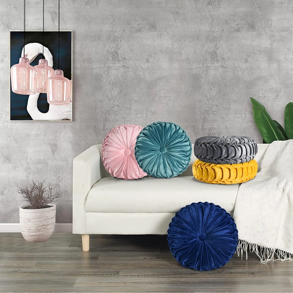 NEW Pleated Round VELVET Throw Pillow Chair Sofa Living Room Home Decor U CHOOSE - Picture 5 of 15